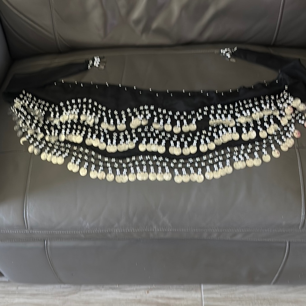 Black Belly Dance Hip Scarf with Silver Coins